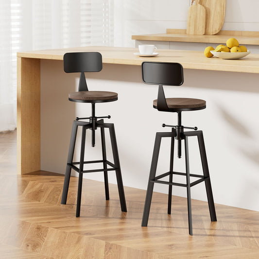 Set of 2 Rustic Industrial Style Metal Bar Stool - Black and Wood