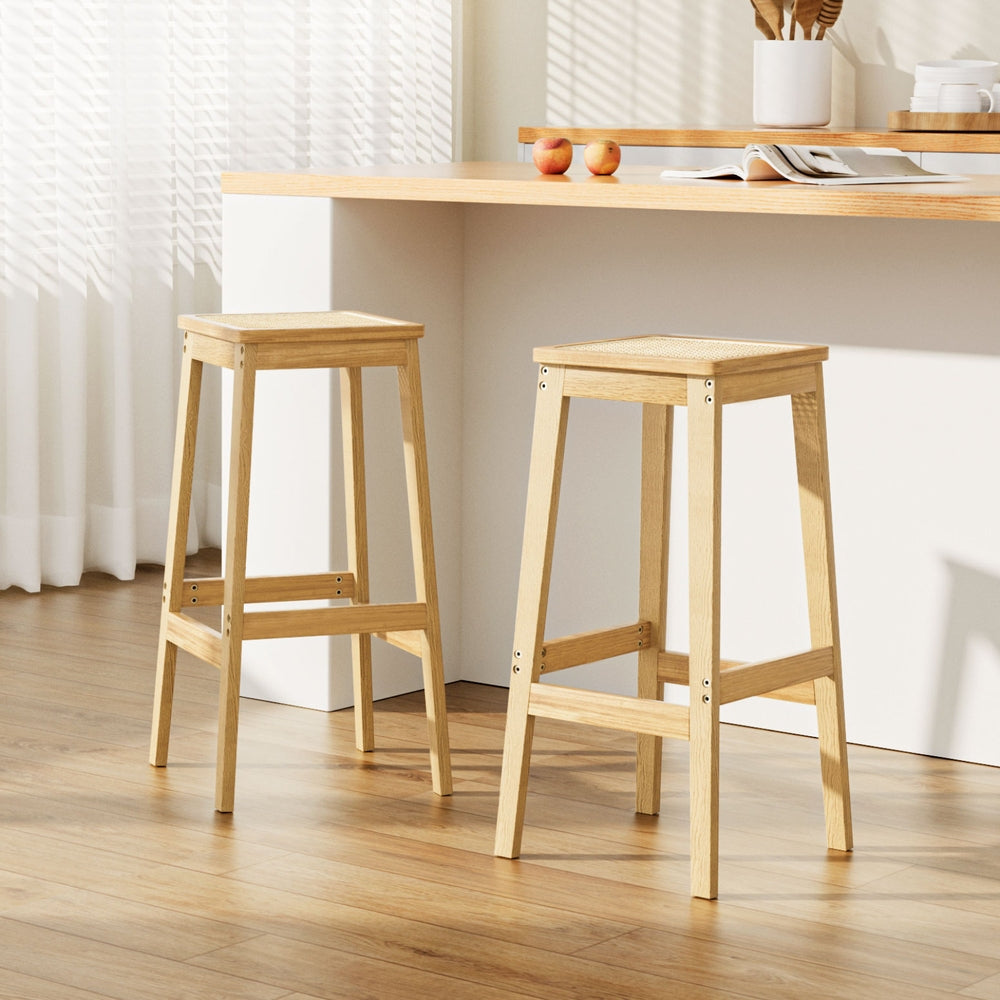Artiss 2x Bar Stools Rubber Wood Stool Counter Chair Rattan Barstools Kitchen