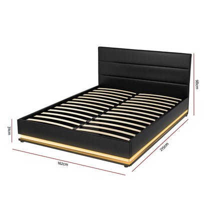 Artiss Bed Frame Queen Size LED Gas Lift Black LUMI