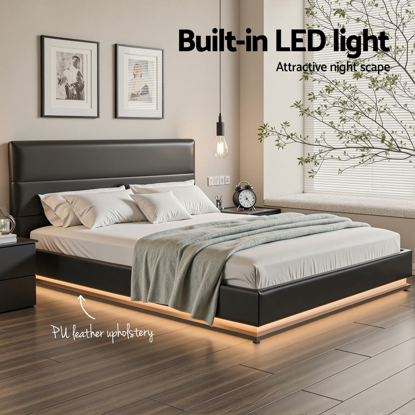 Artiss Bed Frame Queen Size LED Gas Lift Black LUMI