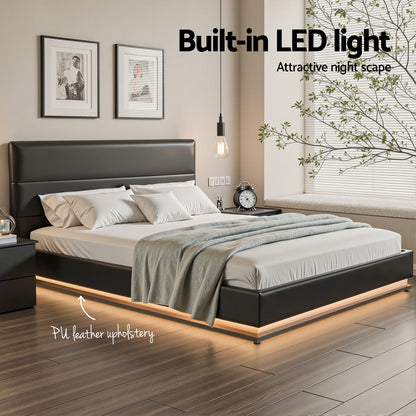 Artiss Bed Frame Queen Size LED Gas Lift Black LUMI
