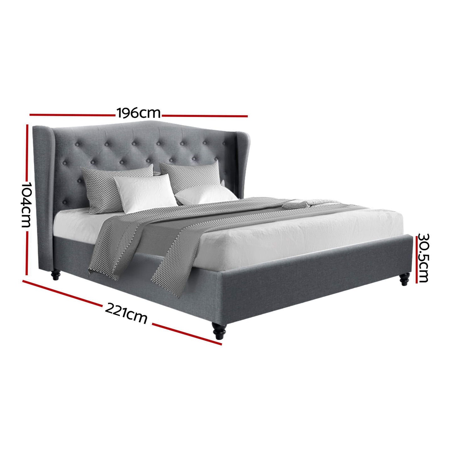 Artiss King Size Wooden Upholstered Bed Frame Headboard - Grey