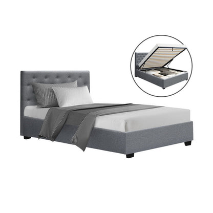 Artiss Vila Bed Frame Fabric Gas Lift Storage - Grey King Single