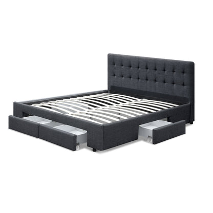 Artiss Double Size Fabric Bed Frame Headboard with Drawers  - Charcoal