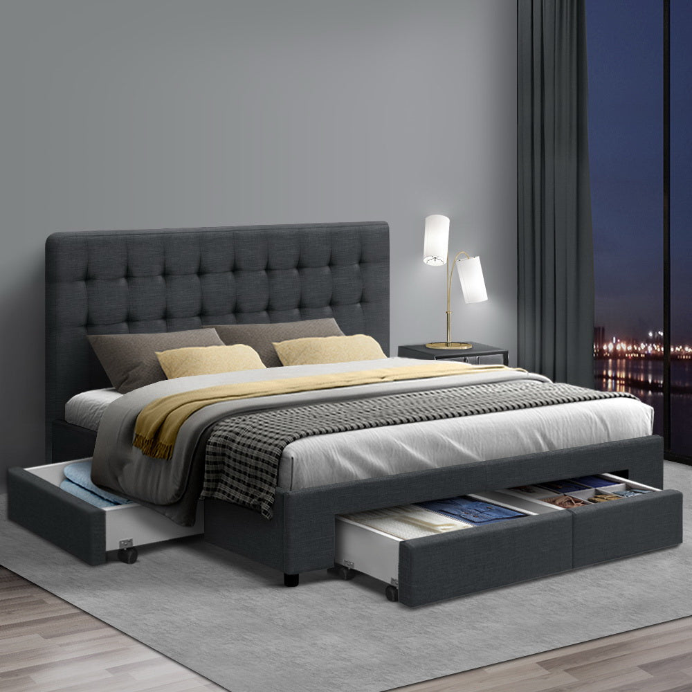 Artiss Double Size Fabric Bed Frame Headboard with Drawers  - Charcoal