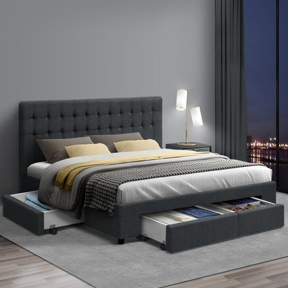 Artiss King Size Fabric Bed Frame Headboard with Drawers  - Charcoal