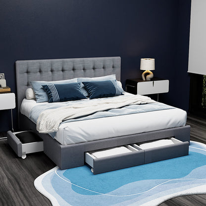 QUEEN Bed Frame with 4 Storage Drawers AVIO Fabric Headboard Wooden