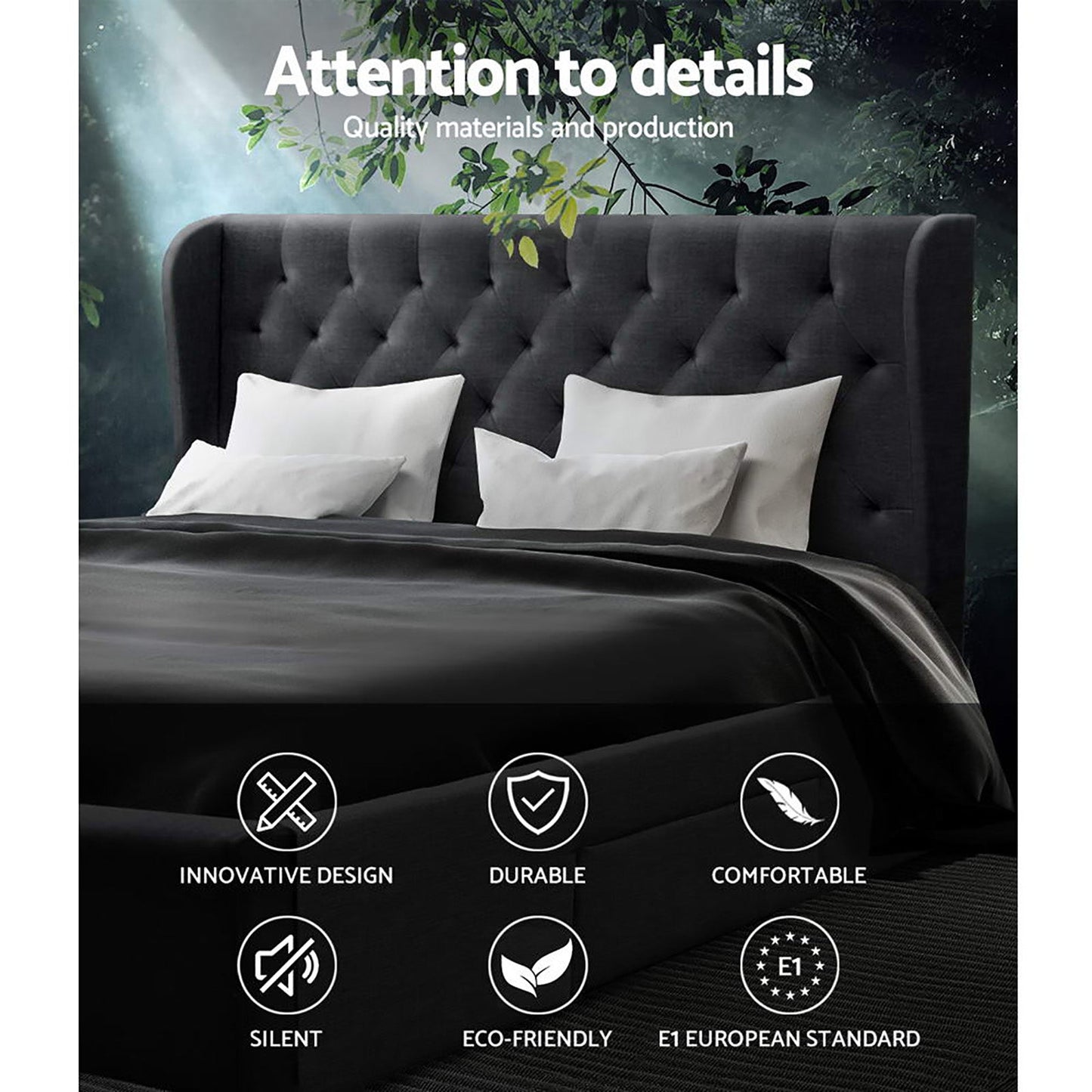 Mila Bed Frame Storage Drawers Fabric - Charcoal King