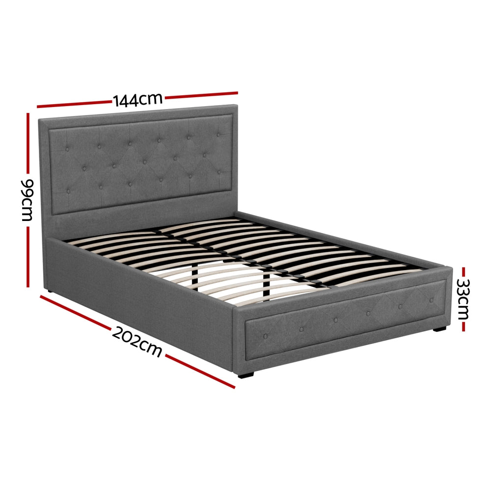 Artiss Tiyo Bed Frame Fabric Gas Lift Storage - Grey Double