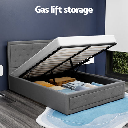 Artiss Tiyo Bed Frame Fabric Gas Lift Storage - Grey Double
