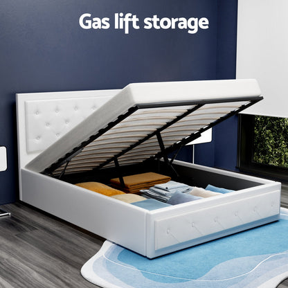 Artiss Tiyo Bed Frame PU Leather Gas Lift Storage - White Double