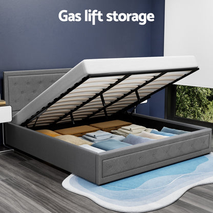 Artiss Tiyo Bed Frame Fabric Gas Lift Storage - Grey King
