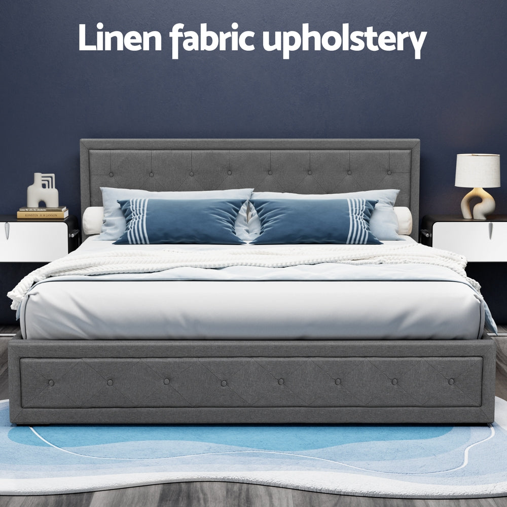 Artiss Tiyo Bed Frame Fabric Gas Lift Storage - Grey King