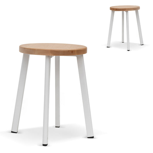 Set of 2 - James 46cm Natural Wooden Seat Low Stool - White Legs - Last Set