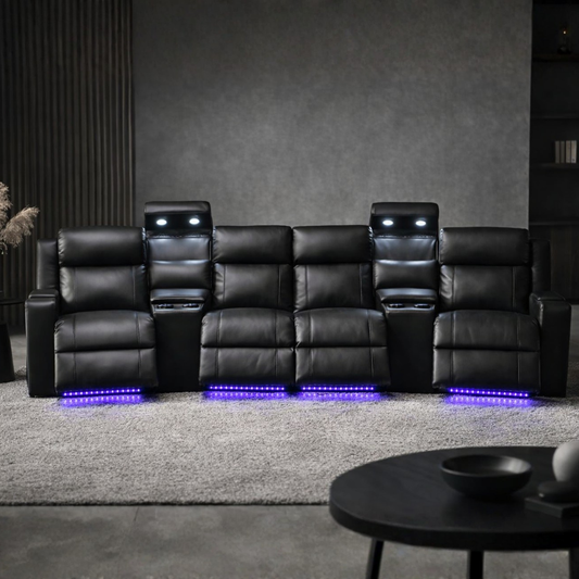Academy Home Theatre 4 Seater + 2 Console - Black Leather