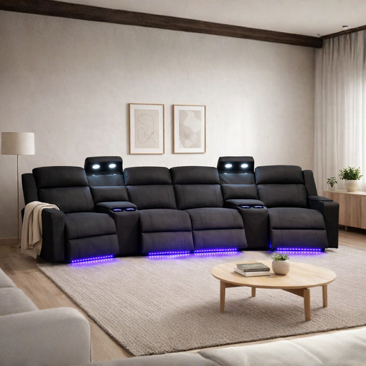 Academy 4 Seater Recliner Electric Home Theatre - Black Rhino Hide