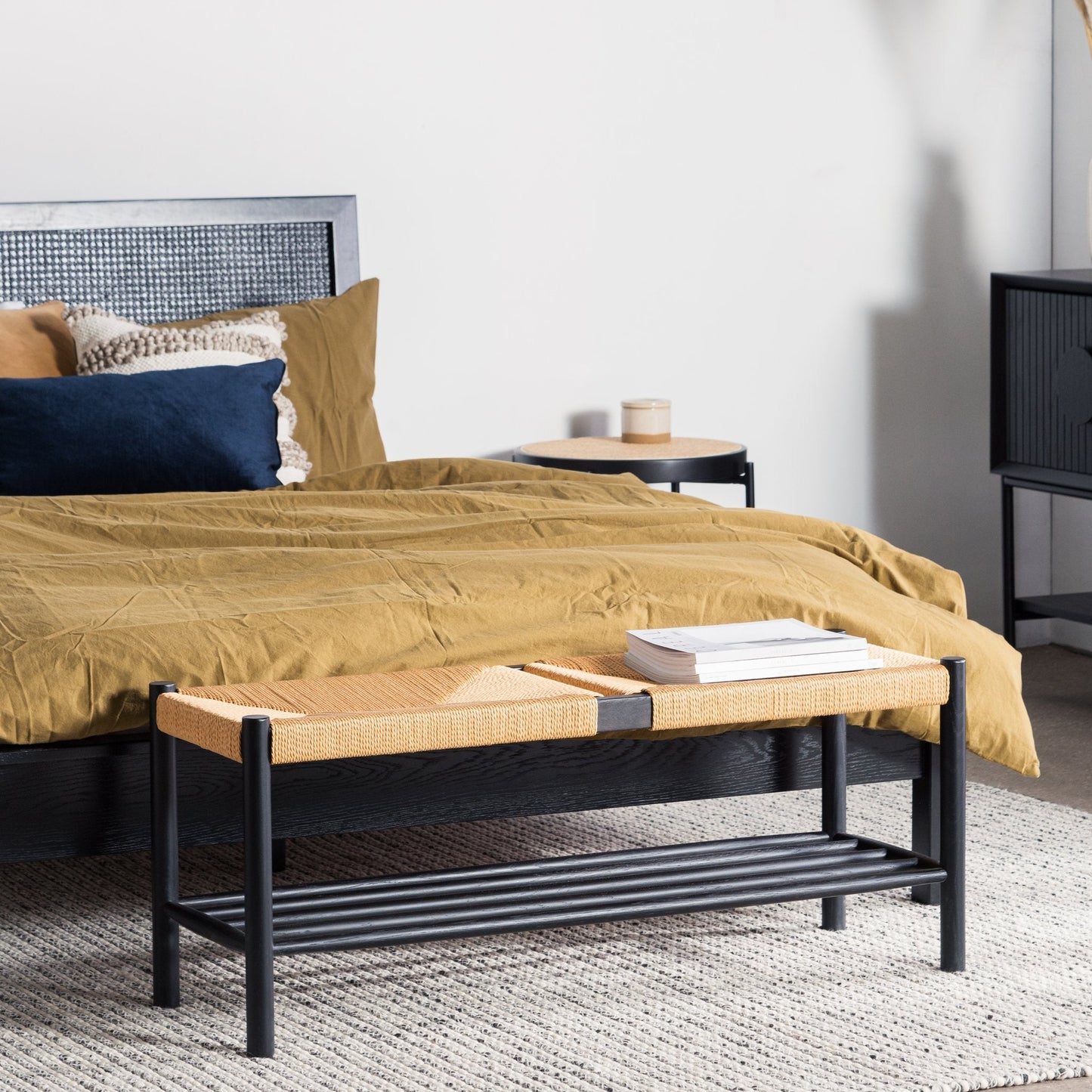 Erika 110cm Black Oak Bench - Natural Seat