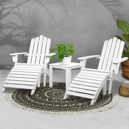 Gardeon 5PC Adirondack Outdoor Table and Chairs Wooden Sun Lounge Patio Furniture White