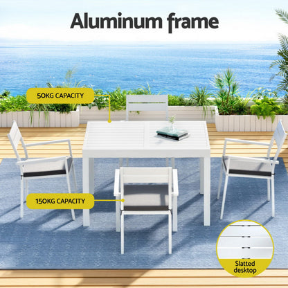 Gardeon Outdoor Dining Set 5 Piece Aluminum Extendable Table Setting White