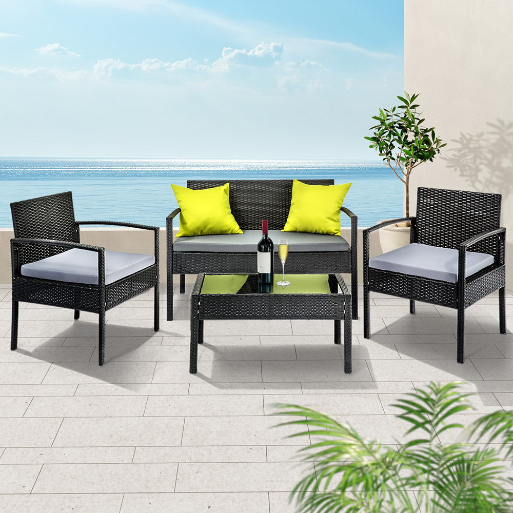 4 Seater Sofa Set Outdoor Furniture Lounge Setting Wicker Chairs Table Rattan Lounger Bistro Patio Garden Cushions Black