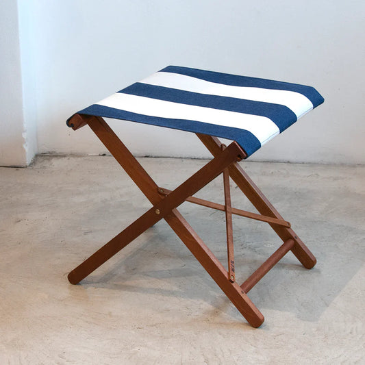 Folding Stool Hardwood Synthetic Block Stripe Navy Cream