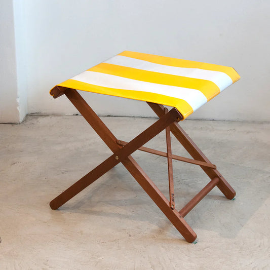 Folding Stool Hardwood Synthetic Block Stripe Yellow and White