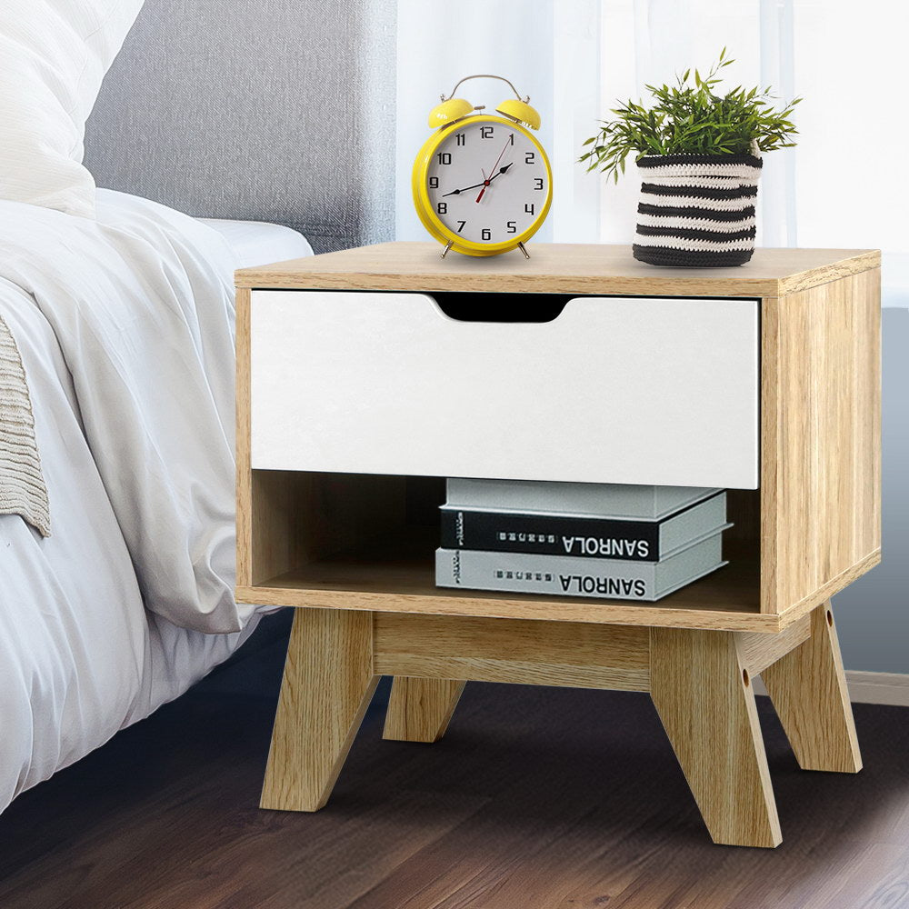 Bedside Table Drawer Nightstand Shelf Cabinet Storage Lamp Side Wooden