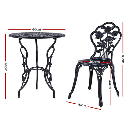 Gardeon 3PC Outdoor Setting Cast Aluminium Bistro Table Chair Patio Black