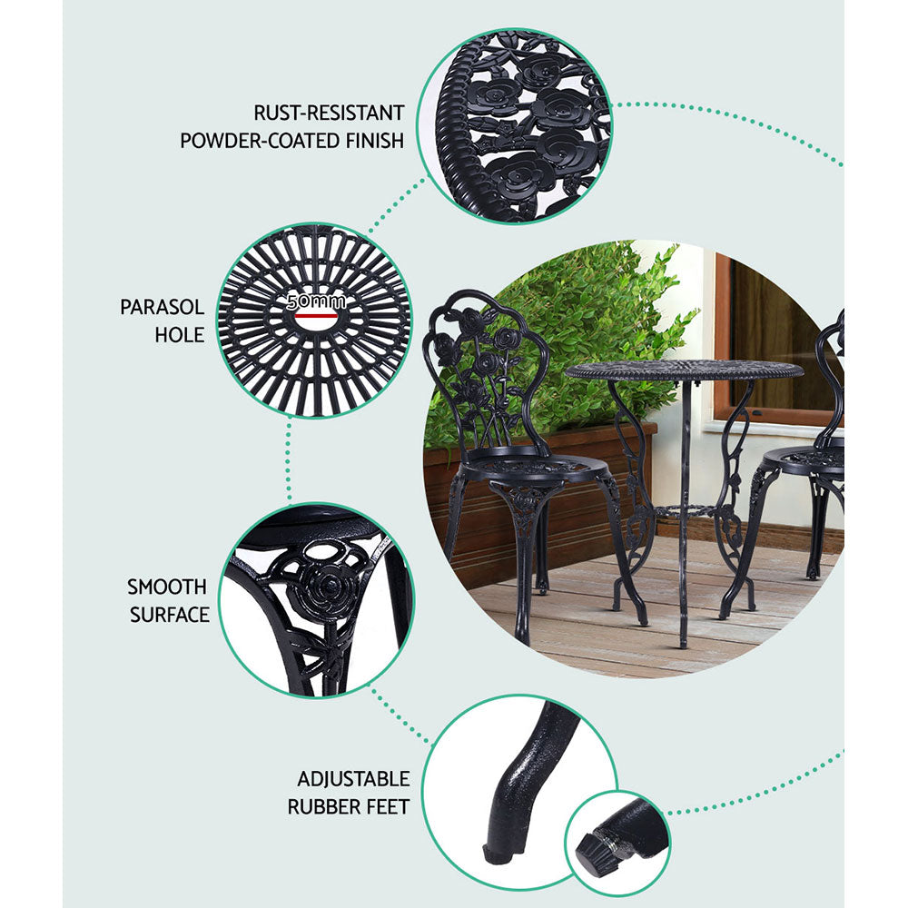 Gardeon 3PC Outdoor Setting Cast Aluminium Bistro Table Chair Patio Black