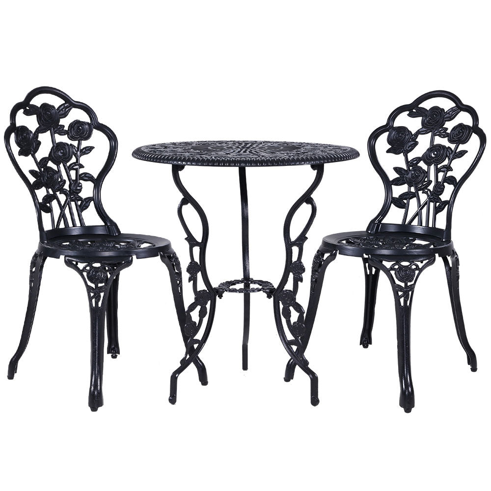 Gardeon 3PC Outdoor Setting Cast Aluminium Bistro Table Chair Patio Black