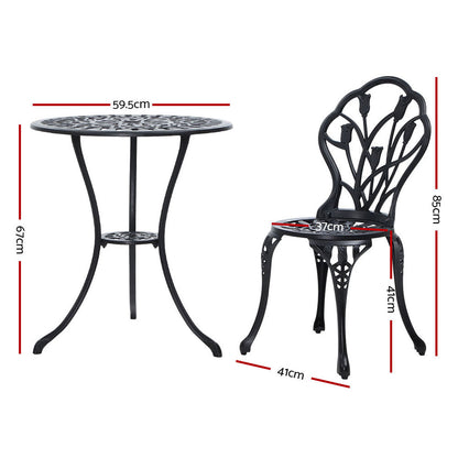Gardeon 3PC Outdoor Setting Bistro Set Chairs Table Cast Aluminum Patio Furniture Tulip Black