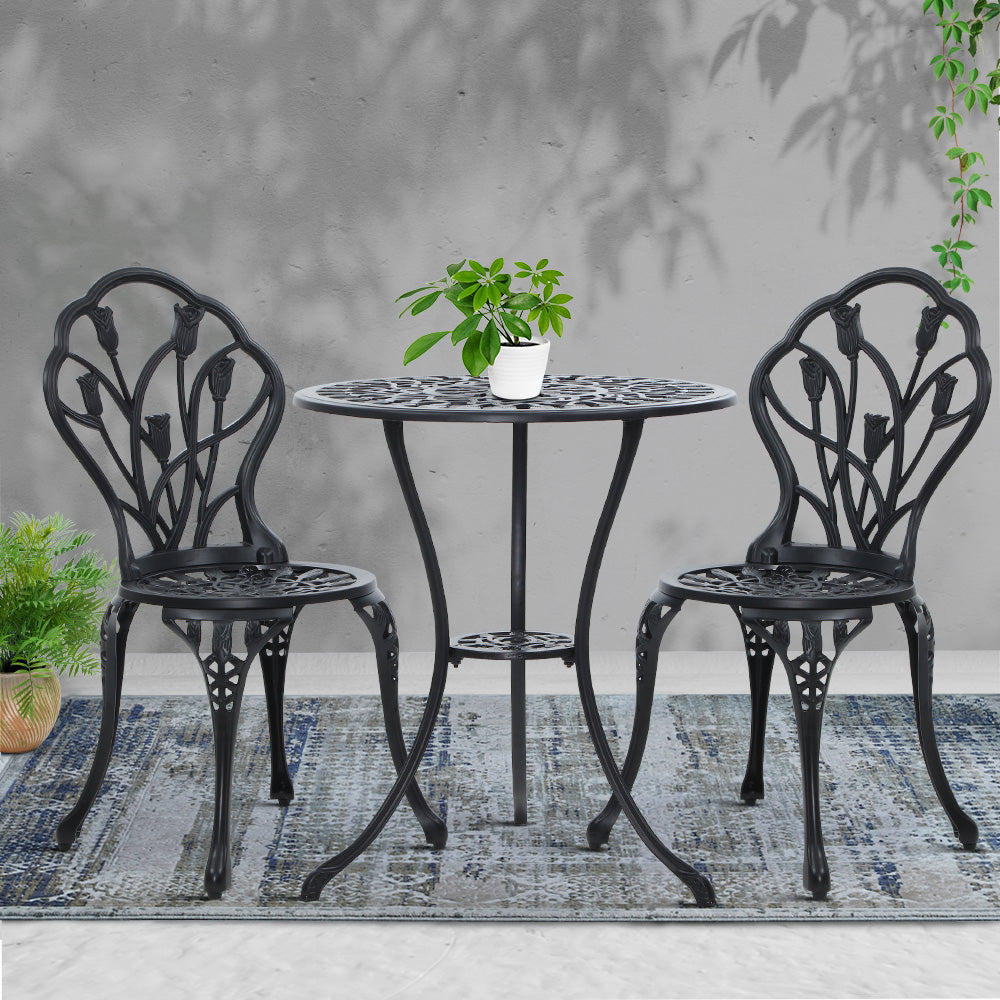 Gardeon 3PC Outdoor Setting Bistro Set Chairs Table Cast Aluminum Patio Furniture Tulip Black