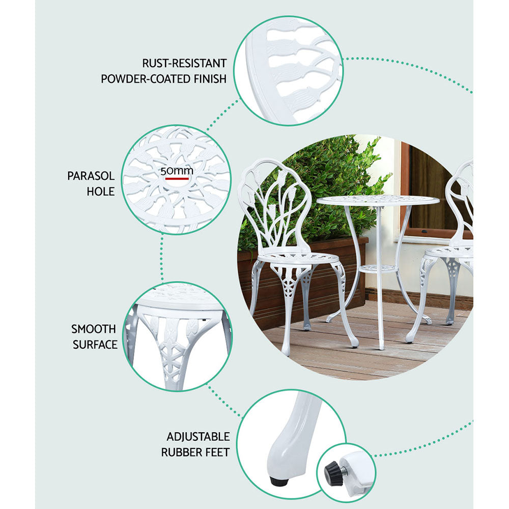 Gardeon 3PC Outdoor Setting Cast Aluminium Bistro Table Chair Patio White