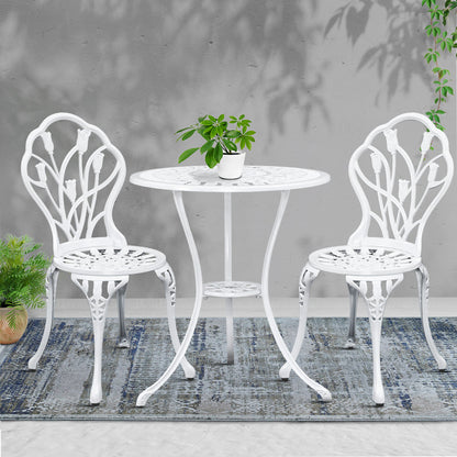 Gardeon 3PC Outdoor Setting Cast Aluminium Bistro Table Chair Patio White
