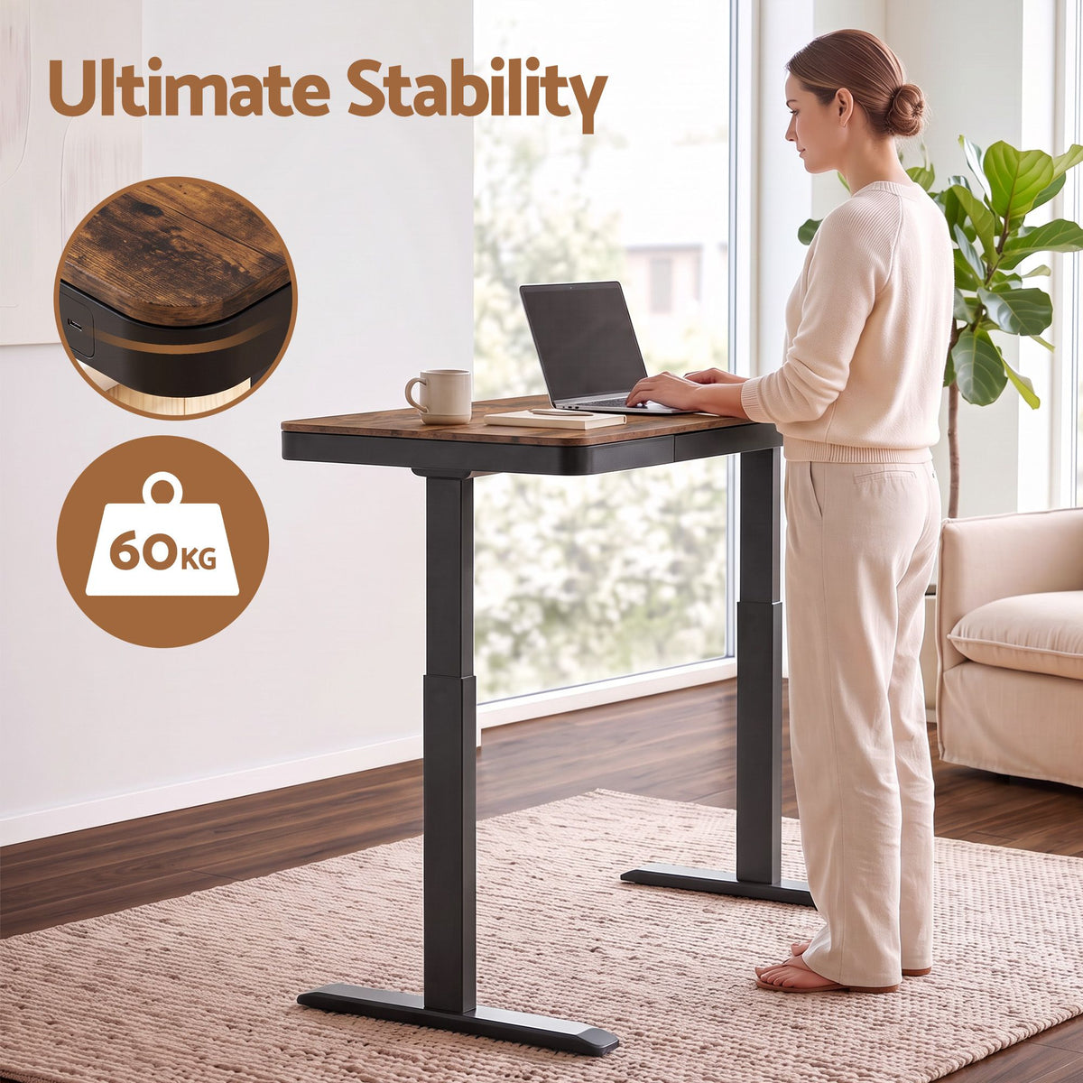 Artiss Motorised Standing Desk with Storage Drawer 120cm Rustic Brown