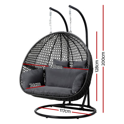 Gardeon Outdoor Egg Swing Chair Wicker Furniture Pod Stand Cushion 2 Seater Grey