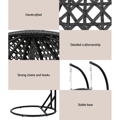 Gardeon Outdoor Egg Swing Chair Wicker Furniture Pod Stand Cushion 2 Seater Grey