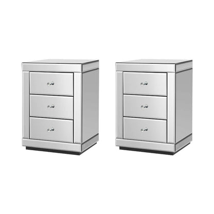Artiss Bedside Table 3 Drawers Mirrored X2 - PRESIA Silver