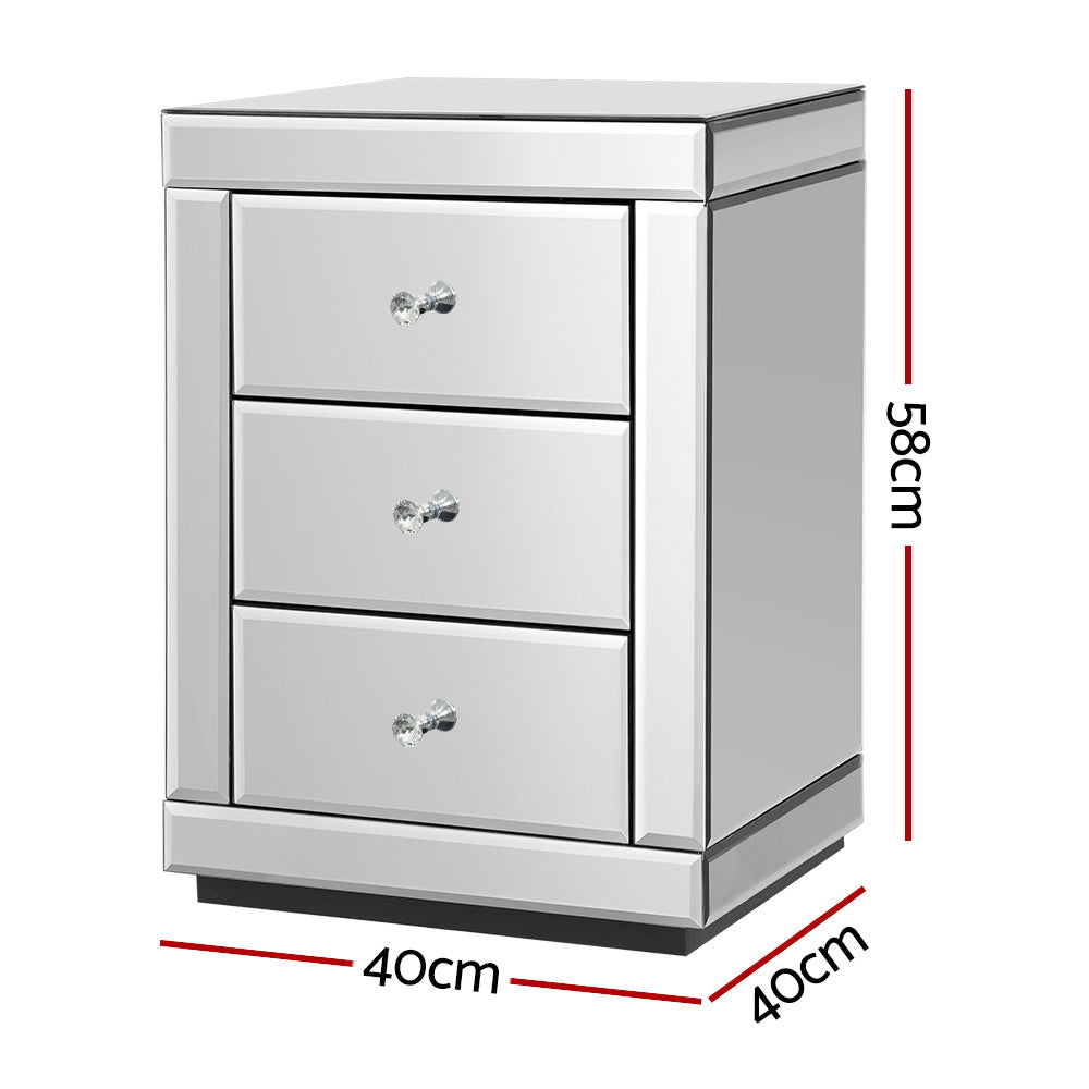 Artiss Bedside Table 3 Drawers Mirrored X2 - PRESIA Silver