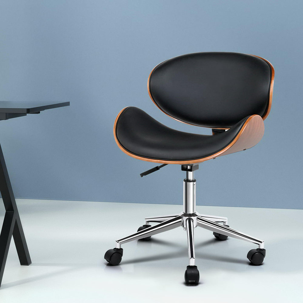 Wooden & PU Leather Office Desk Chair - Black