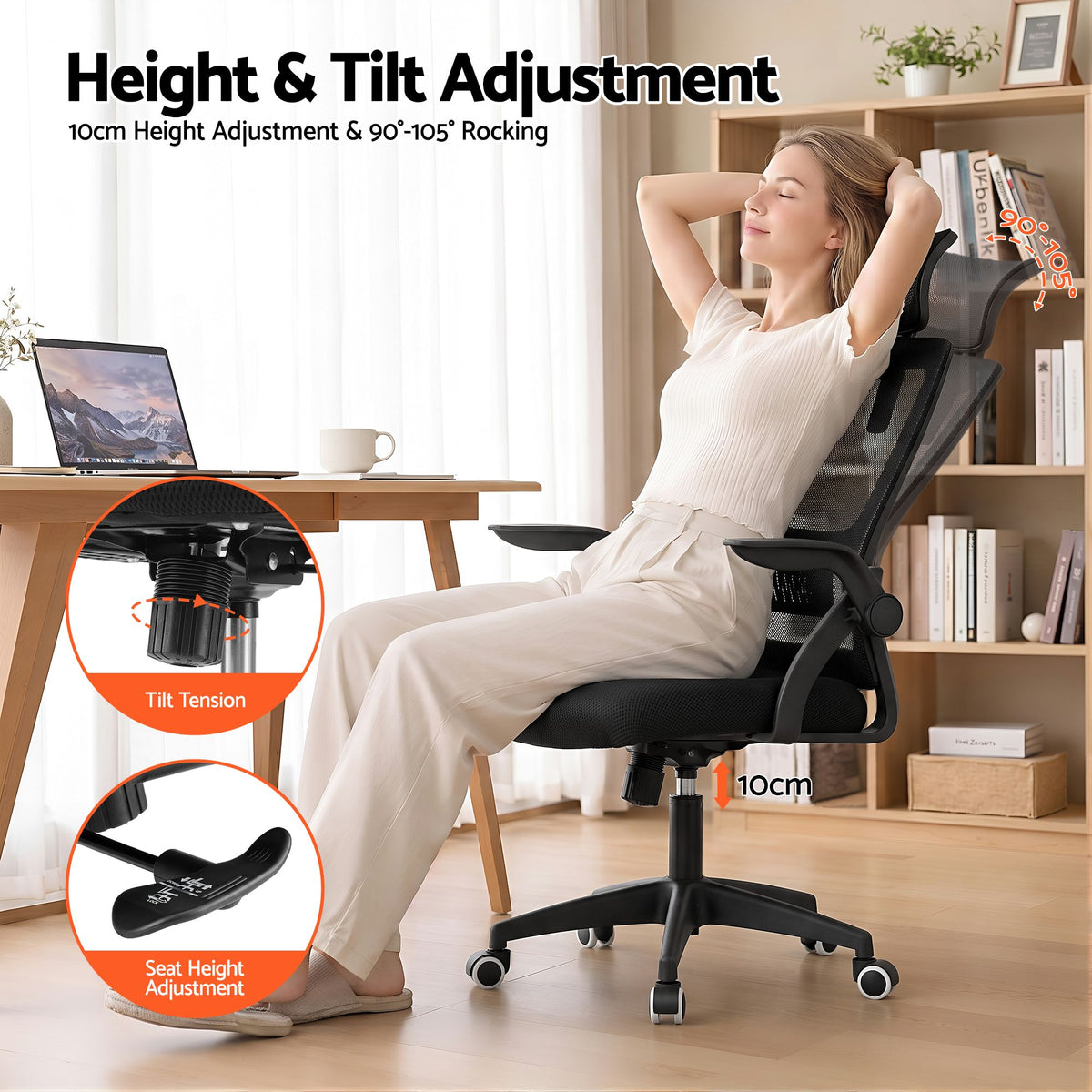 Artiss Ergonomic Office Chair Mesh Desk Chair with Flip-up Arms Adjustable Headrest Black