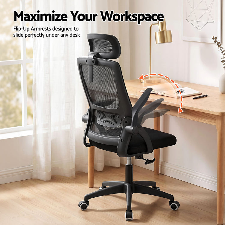 Artiss Ergonomic Office Chair Mesh Desk Chair with Flip-up Arms Adjustable Headrest Black
