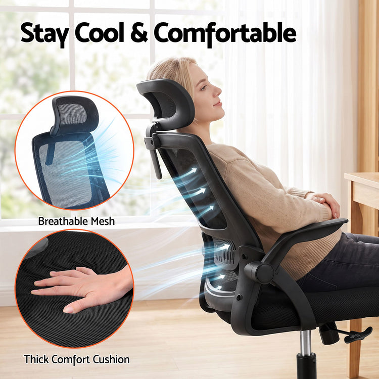 Artiss Ergonomic Office Chair Mesh Desk Chair with Flip-up Arms Adjustable Headrest Black