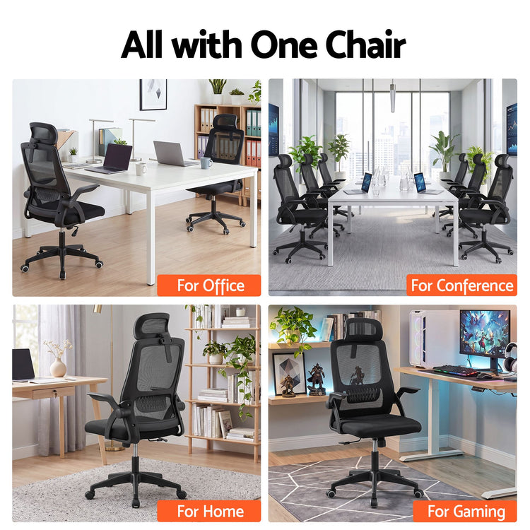 Artiss Ergonomic Office Chair Mesh Desk Chair with Flip-up Arms Adjustable Headrest Black