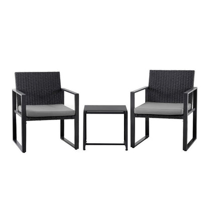 Gardeon 3PC Outdoor Bistro Set Patio Furniture Wicker Dining Chairs Table Cushion Black