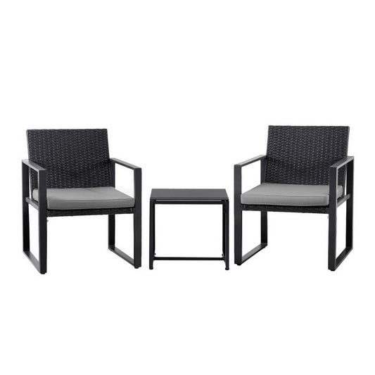 Gardeon 3PC Outdoor Bistro Set Patio Furniture Wicker Dining Chairs Table Cushion Black