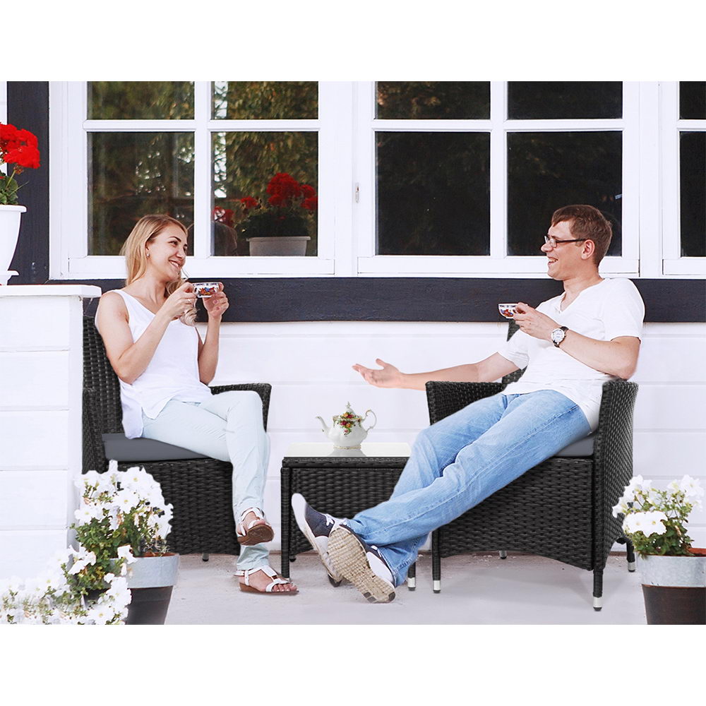 Gardeon 3PC Outdoor Bistro Set Patio Furniture Wicker Setting Chairs Table Cushion Black