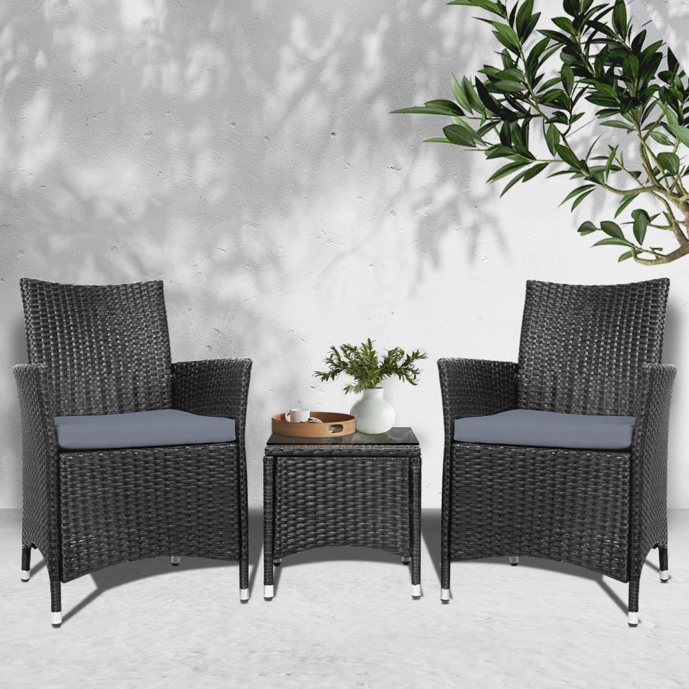 Gardeon 3pc Bistro Wicker Outdoor Furniture Set Black
