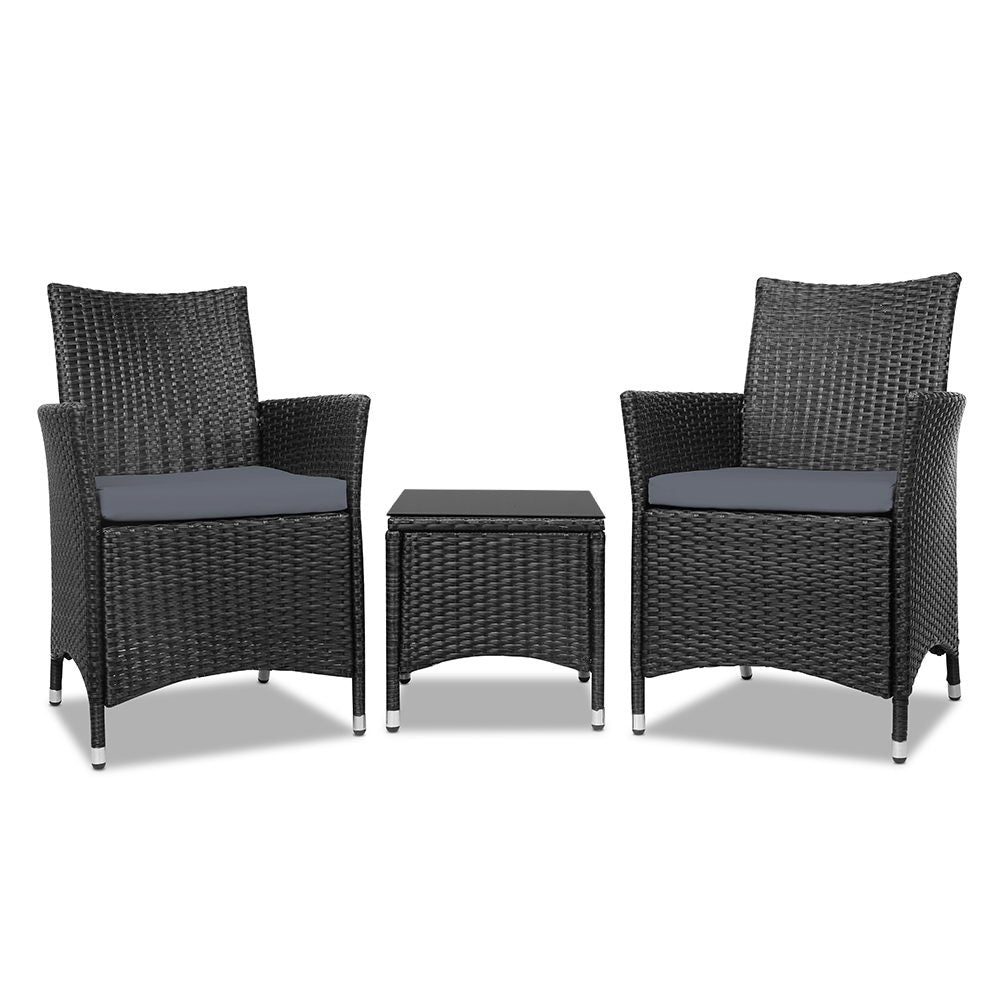 Gardeon 3pc Bistro Wicker Outdoor Furniture Set Black