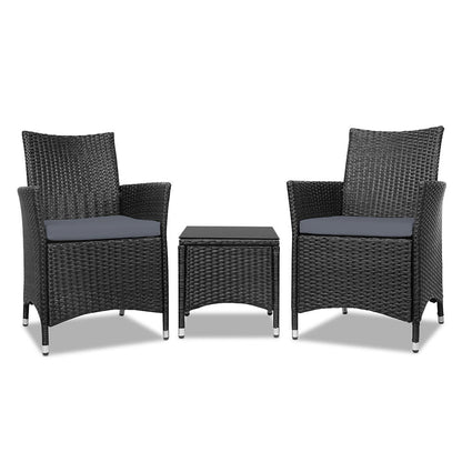 Gardeon 3pc Bistro Wicker Outdoor Furniture Set Black